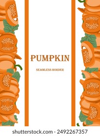 pumpkin seamless border, right and left, many ripe pumpkins lie in a vertical stripe. vector illustration, banner with whole mature pumpkins and pieces in cartoon style