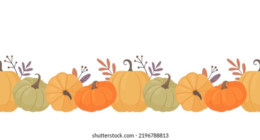 Borde sin fisuras de calabaza. Una variedad de calabazas coloridas y hojas de otoño sobre un fondo blanco.