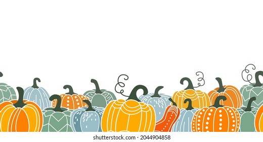 Pumpkin seamless border vector illustration in flat naive simple modern style. Autumn decorative gourd for thanksgiving, halloween, harvest design isolated on white background.