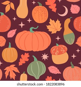 Pumpkin seamless pattern. Autumn background for Harvest festival or Thanksgiving day. Pumpkins, fallen leaves, stars, crescent Moon. Magic concept