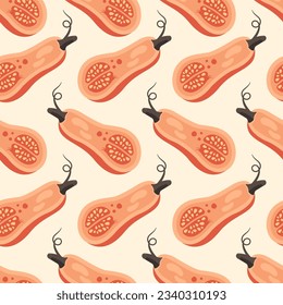 Pumpkin seamless pattern. Autumn background with half of pumpkin, pulp, seeds. Thanksgiving day. Seasonal harvest. Vector illustration for wallpapers, textile, wrapping paper, print