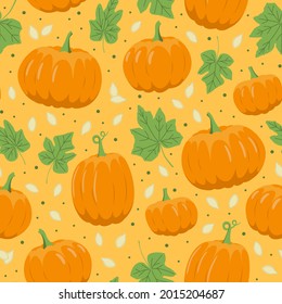 pumpkin seamless pattern with autumn mood. Halloween. Pattern for textile, fabric, curtain and wrapping paper in orange, yellow green, white ang green colors. Isolated vector stock illustration EPS 10