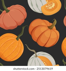 Pumpkin seamless pattern. Autumn orange pumpkins harvest. Fall gourd crop on dark background design for wrapping paper, cards, textile, wallpaper, banners, poster, interior decor. Vector illustration.