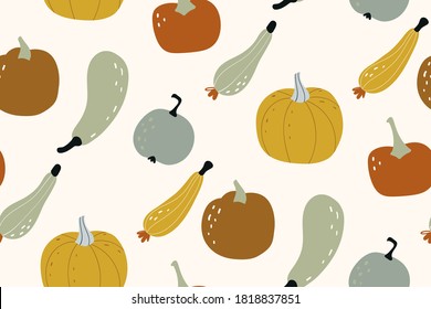 Pumpkin seamless pattern. Autumn texture for thanksgiving, harvest and halloween. Vector Illustration. October harvest. Organic vegetable garden food. Nature design. Seasonal autumn seamless pattern.