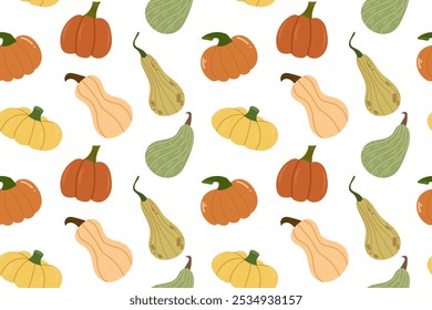 Pumpkin seamless pattern. Autumn vegetable, vitamin, diet, healthy food. Vector design isolated on white background