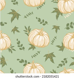 Pumpkin seamless pattern. Pumpkin background for Harvest or Fall or Thanksgiving Day. Beige Pumpkin and Green Leaf print.