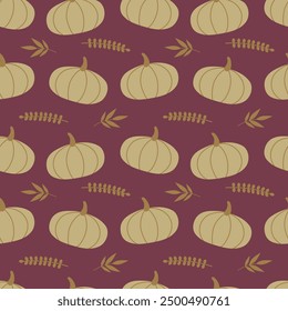 Pumpkin seamless pattern. Beige pumpkin and leaves on a burgundy background. Vector illustration for fabric, background, packaging, wrapping paper