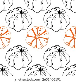 Padrão sem emenda de abóbora na arte de linha preta e laranja em um fundo branco. Perfeito para projetos com tema de outono, impressões têxteis, embrulho de presente, decoração de cozinha, scrapbooking e trabalhos criativos sazonais.