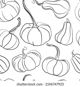 Pumpkin Seamless Pattern black and white line art drawing vector illustration.Can be used as element in design works for Thanksgiving day,Halloween or another Autumn Concept.Pumpkins background
