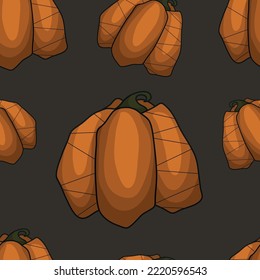 Pumpkin seamless pattern. Buy a pumpkin to celebrate and decorate for the Halloween holiday. Gift wrapping. Vector illustration for a postcard for All Saints' Day. Trick with a treat.