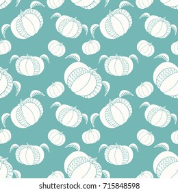 Pumpkin seamless pattern. Cute fun halloween background with pumpkins with wings. Good print for 31 october. Autumn harvest unusual design for textile, wallpaper, wrapping, covers, bannners, posters.