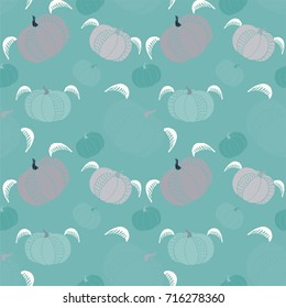 Pumpkin seamless pattern. Cute fun halloween background with pumpkins with wings. Good print for 31 october. Autumn harvest unusual design for textile, wallpaper, wrapping, covers, bannners, posters.