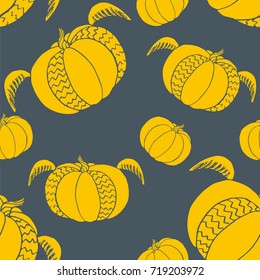 Pumpkin seamless pattern. Cute fun halloween background with pumpkins with wings. Good print for 31 october. Autumn harvest unusual design for textile, wallpaper, wrapping, covers, bannners, posters.