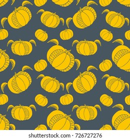 Pumpkin seamless pattern. Cute fun halloween background with pumpkins with wings. Good print for 31 october. Autumn harvest unusual design for textile, wallpaper, wrapping, covers, bannners, posters.