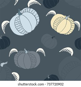 Pumpkin seamless pattern. Cute fun halloween background with pumpkins with wings. Good print for 31 october. Autumn harvest unusual design for textile, wallpaper, wrapping, covers, bannners, posters.