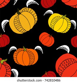Pumpkin seamless pattern. Cute fun halloween background with pumpkins with wings. Good print for 31 october. Autumn harvest unusual design for textile, wallpaper, wrapping, covers, bannners, posters.