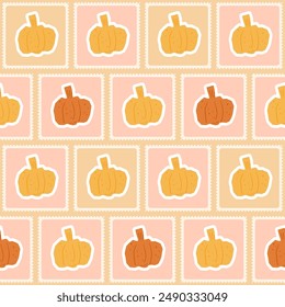 Pumpkin seamless pattern. Cutouts paper shapes repeat background. Bento box retro stamps design. Vector hand drawn illustration.