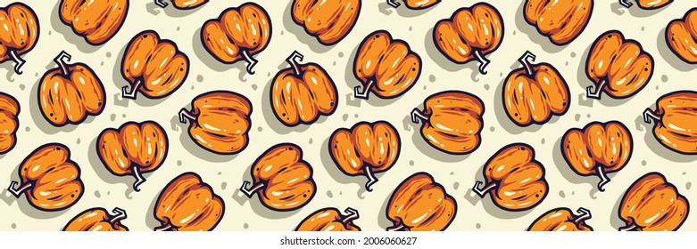 Pumpkin seamless pattern with face emotion for halloween october party