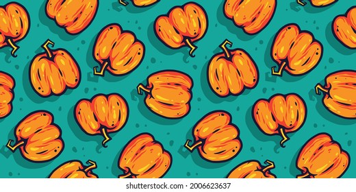 Pumpkin seamless pattern with face emotion for halloween october party