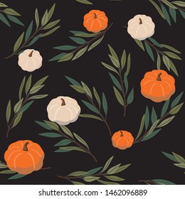 Pumpkin seamless pattern. Fall leaves vector repeat design. Black background with orange autumn pumpkins and olive branches. Willow leaves and vegetables.