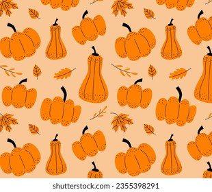 Pumpkin seamless pattern with fall leaves on blue background. Autumn harvest wallpaper.