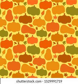 Pumpkin seamless pattern in flat cartoon style. Autumn background with vegetables and leaves for thanksgiving or fall season concept.
