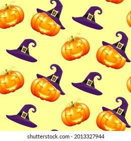  Pumpkin seamless pattern, great for Halloween designs, wallpapers, textiles, wrapping paper. Seamless pattern halloween pumpkins on yellow background. Abstract background.