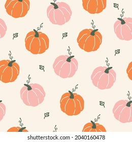 Pumpkin seamless pattern  hand drawing pink   orange pumpkin cream color background  vector illustration 