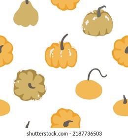 Pumpkin seamless pattern, hand drawing yellow and orange pumpkin on white background. Perfect for Fall, Thanksgiving, holidays, fabric, textile. Seamless repeat swatch. Vector flat cartoon st