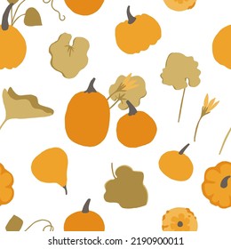 Pumpkin seamless pattern, hand drawing yellow and orange pumpkin on white color background, flat cartoon style vector illustration.