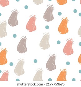 Pumpkin seamless pattern, hand drawing orange, pink and beige pumpkin on cream color background, vector illustration. Cute pumpkins hand drawn background, great for seasonal textile prints