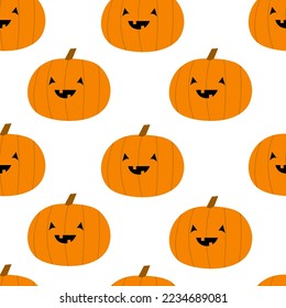 Pumpkin seamless pattern. Happy Halloween. Cute cartoon kawaii funny smiling baby character. Orange silhouette with face. White background. Flat design. Vector illustration