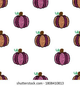 Pumpkin seamless pattern with  leopard texture. Fall vector background.