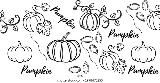 Pumpkin seamless pattern. Offline. Coloring book. Decor for the menu. Vector background.
