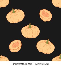 Pumpkin seamless pattern on black background. Vector illustration of pumpkin seamless pattern. Hand drawn pumpkin.