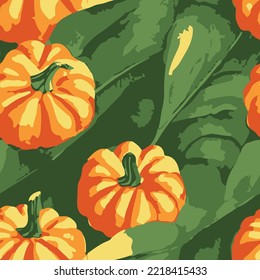 pumpkin seamless pattern on green foliage