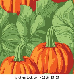 pumpkin seamless pattern on green foliage