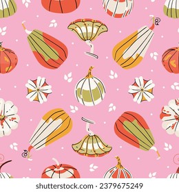 Patrón sin soldadura de calabaza sobre el patrón rosado. Ilustración vectorial de la cosecha otoño. Impresión del día de Acción de Gracias para textiles, tela, papel pintado, papel de envoltura, cubierta, afiche