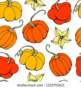 Pumpkin seamless pattern on white background. Hand drawn pumpkin vector. Pumpkin patch.