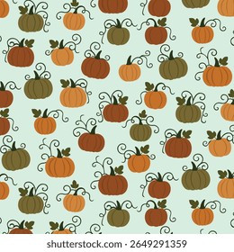 Pumpkin seamless pattern with orange and green pumpkins, curling vines, and leaves on light background — cozy autumn harvest design for fabric, wrapping paper, and seasonal Thanksgiving decor
