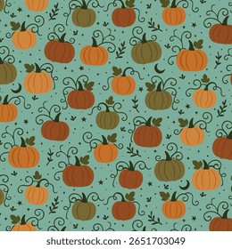 Campo de abóbora, tema de haloween, padrão contínuo, ilustração vetorial.