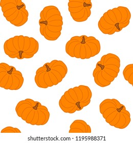 Pumpkin seamless pattern. Orange on white background. Fruit vector illustration. For fabric textile, poster, card, scrapbooking, birthday invitation, wallpaper or background.