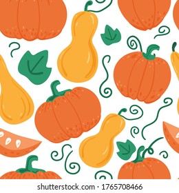 Pumpkin seamless pattern. Orange pampkin isolated on white. Autumn harvest. For halloween and thanksgiving day design. Vector doodle cartoon background