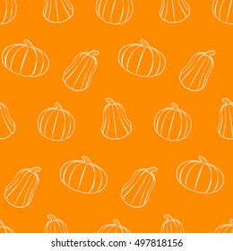 Pumpkin seamless pattern. Outlined sketchy pumpkin silhouettes, orange background.