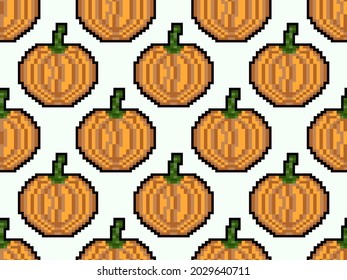 Pumpkin seamless pattern in pixel art style. 8 bit pumpkin in 2D retro style. Design for printing, wrapping paper and advertising. Vector illustration