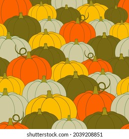 Pumpkin seamless pattern. Plenty of colorful vegetables. Happy Thanksgiving. Graphic design.