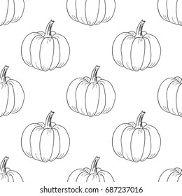 Pumpkin seamless pattern. Vector contour graphic on white background. Hand drawing