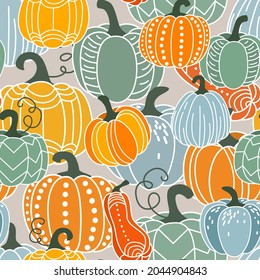 Pumpkin seamless pattern vector illustration. Gourds in flat simple modern doodle style. For thanksgiving, halloween, autumn harvest design.