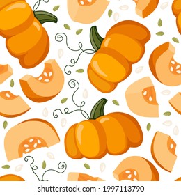 Pumpkin seamless pattern. Whole and Cut vegetable with seeds. Healthy eating Vegetable Ingredients for cooking. Autumn flat design for wallpaper, digital paper, textile fabric, wrapping, kitchen print