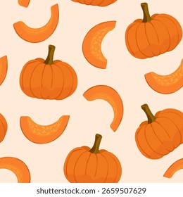 Pumpkin. Seamless pattern with whole pumpkin and pumpkin pieces. Vector illustration for packaging, textile.
